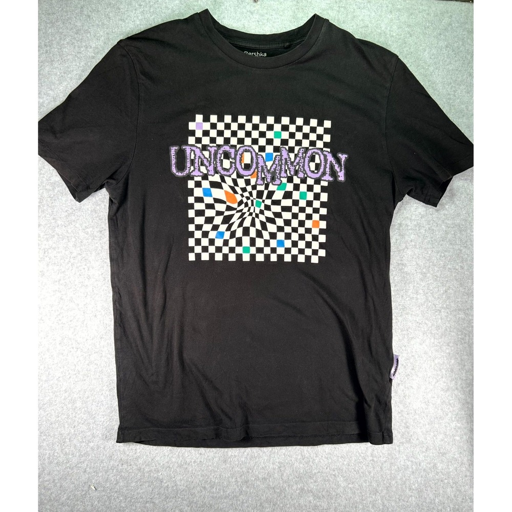 Bershka Uncommon T-Shirt Mens Medium Black Graphic Cotton Crew Neck Regular Fit